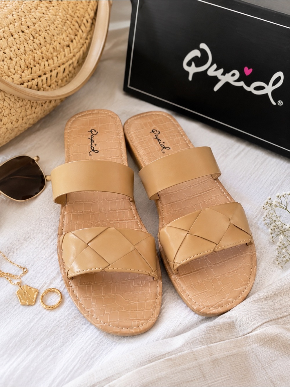 NEW Qupid Nude Woven Double Strap Slide Sandals Size 8